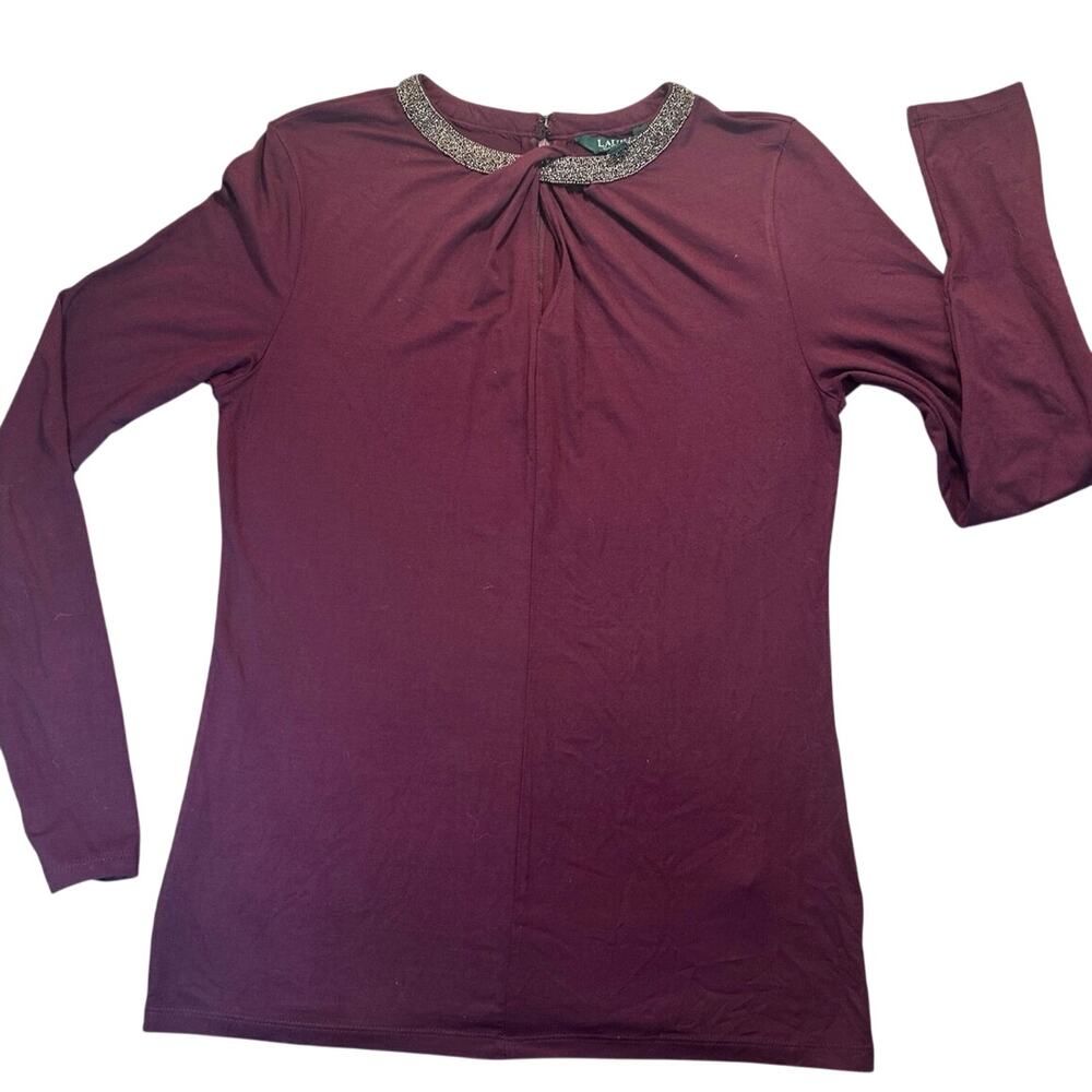 Lauren Ralph Lauren shirt womens Medium Beaded Neck Long-Sleeve in burgundy